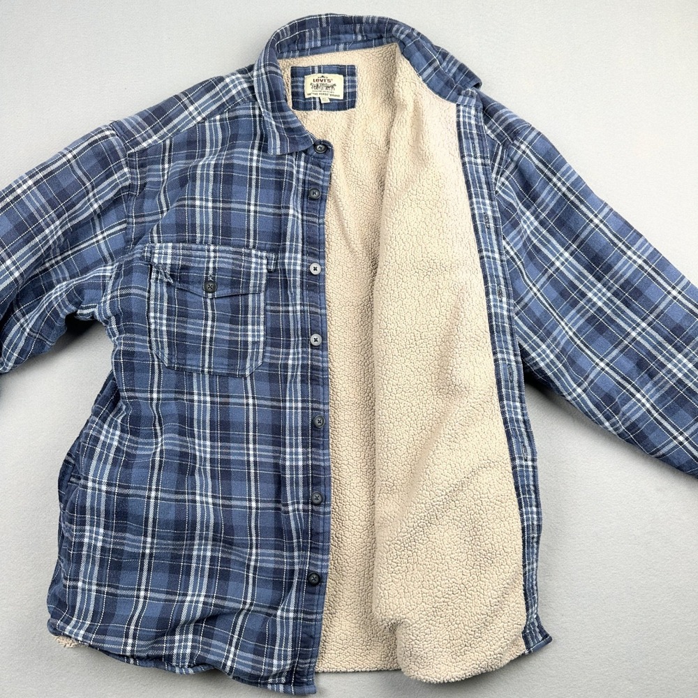 Levis Mens XL Blue Plaid Sherpa Lined Flannel Shirt Jacket Shacket Rugged Warm